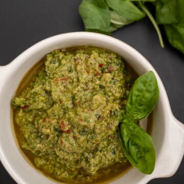 Pesto recipe vegan without nutritional yeast with fresh basil.