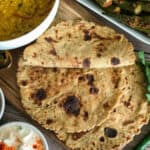 Grain free gluten free naan bread served with lentils, yogurt dip and okra.