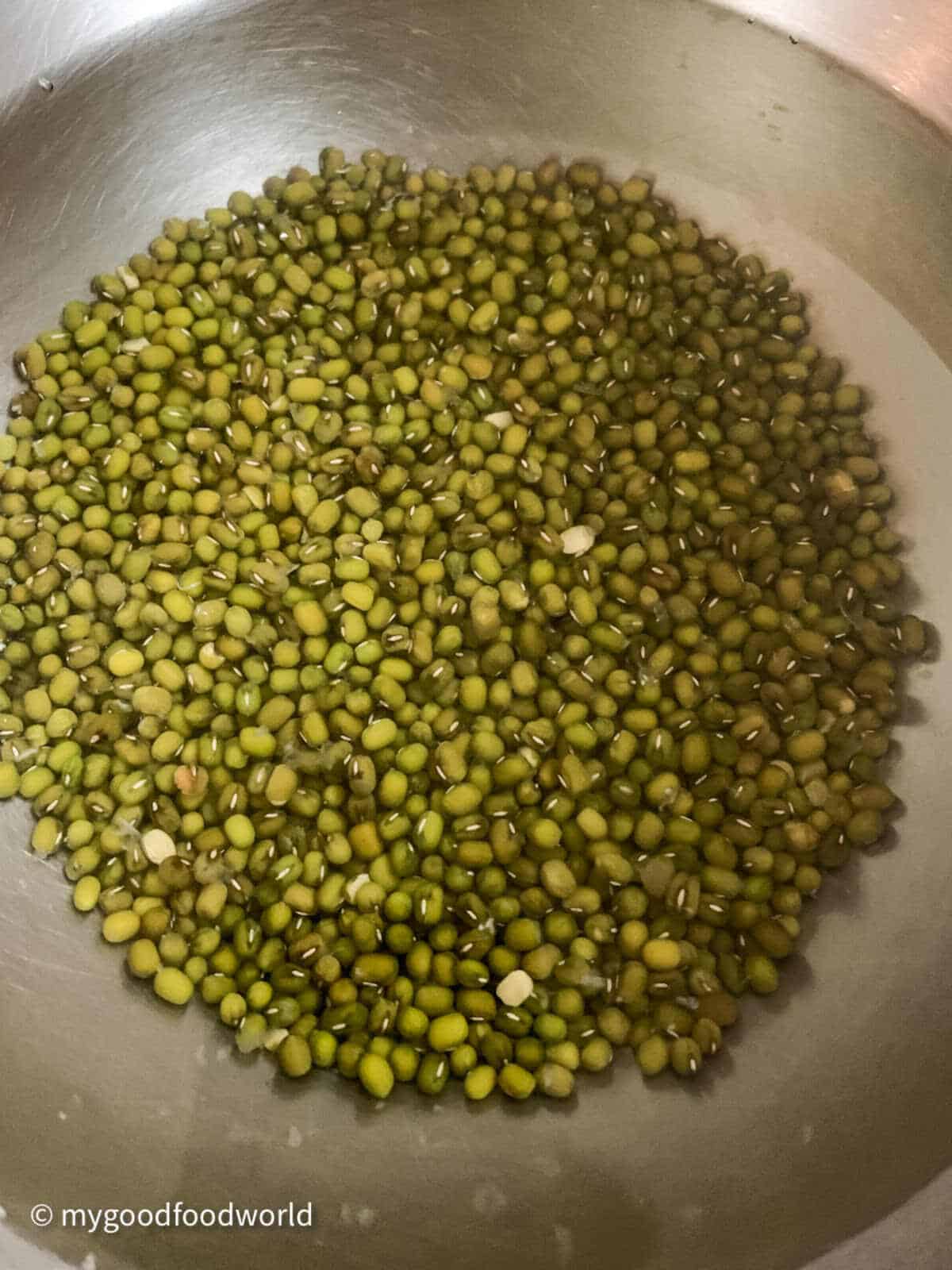 Sabut (whole) moong beans soaking in water in a stainless steel bowl.