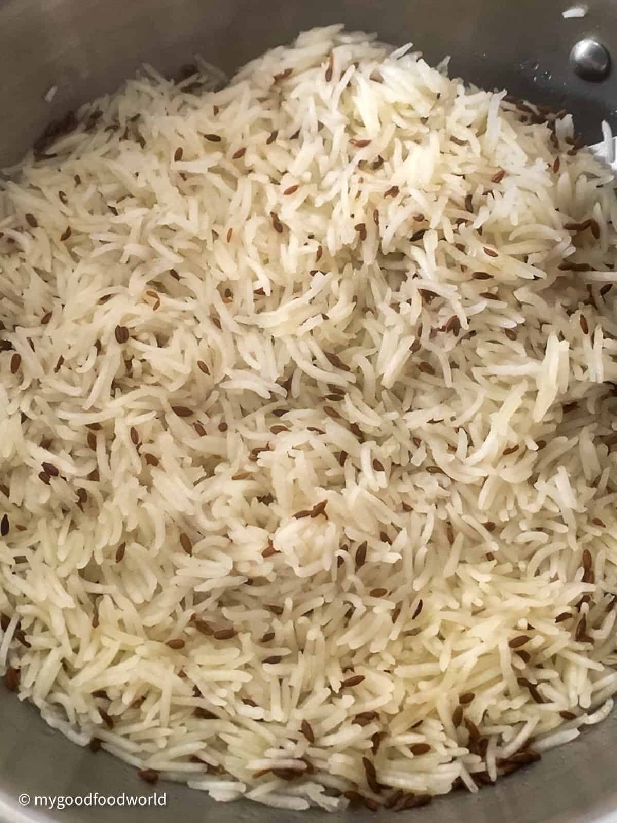 Basmati rice with whole cumin that has been perfectly cooked.