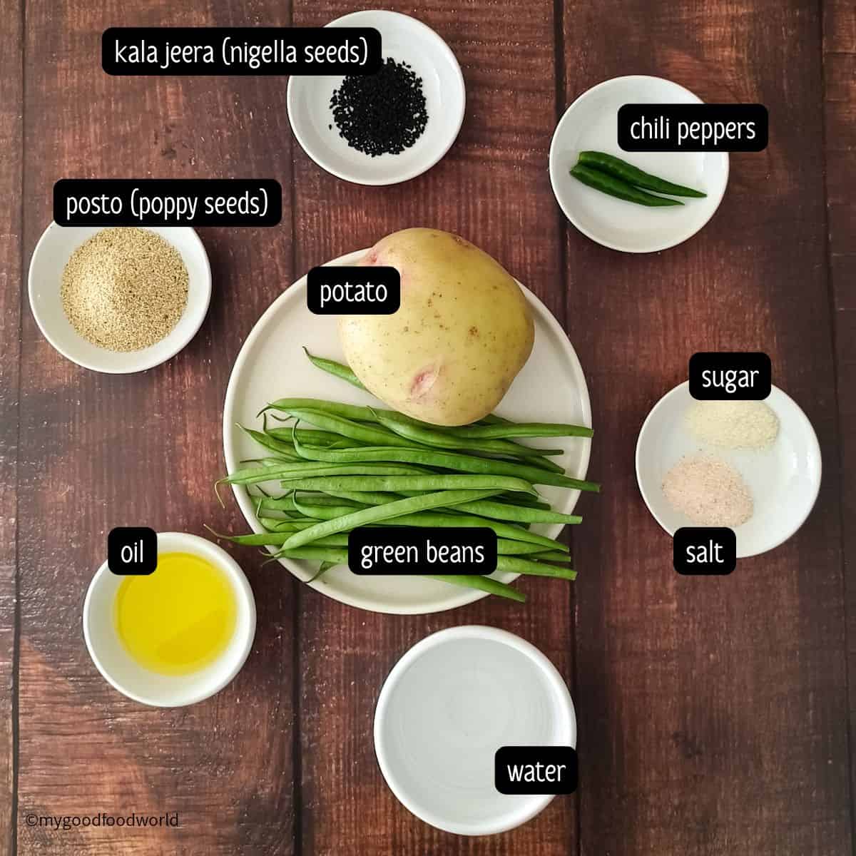 For making aloo posto recipe, ingredients such as poppy seeds, kala jeera, chili peppers, potato, and beans are placed on a table.