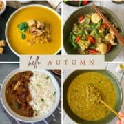 A collection of fall vegetarian recipes such as mung bean soup, noodle dish, and rajma curry.