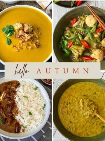 A collection of fall vegetarian recipes such as mung bean soup, noodle dish, and rajma curry.