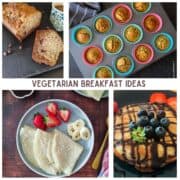 A collection of vegetarian breakfast ideas from pancakes, to muffins, to crepes. All the recipes are made without eggs.