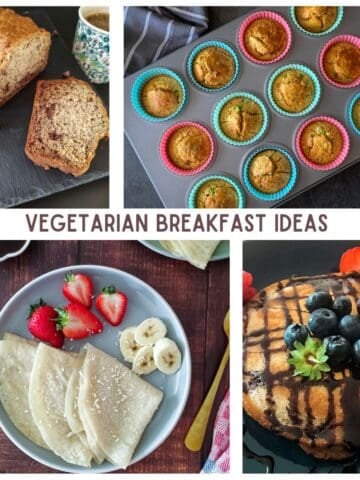 A collection of vegetarian breakfast ideas from pancakes, to muffins, to crepes. All the recipes are made without eggs.