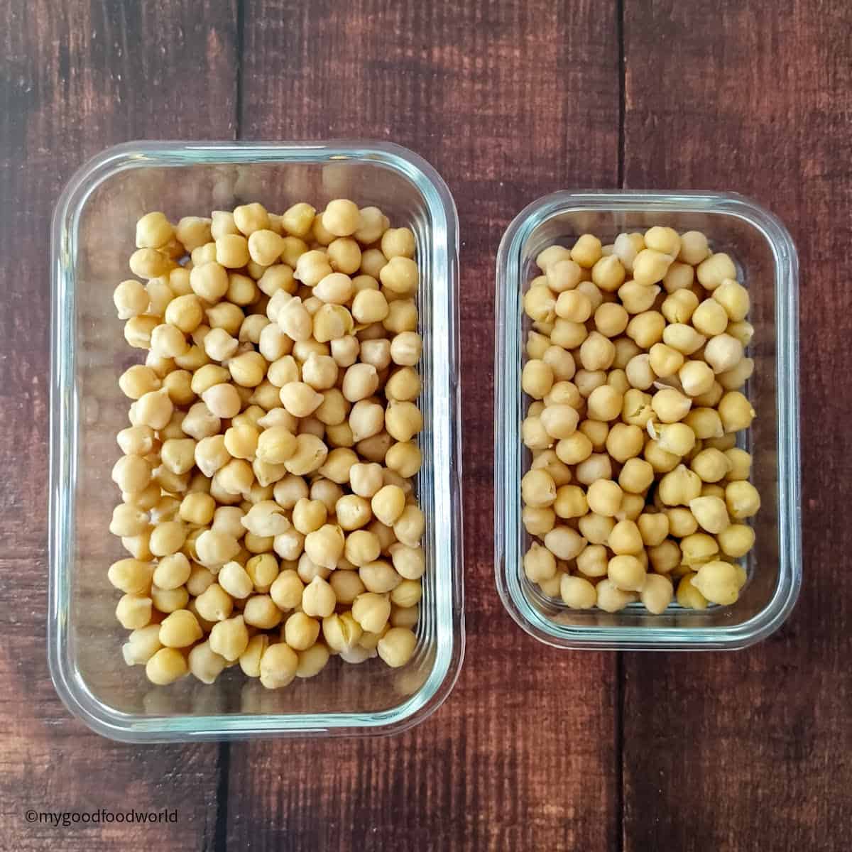 Cooked garbanzo beans are placed in rectangular glass boxes to be stored in the fridge and freezer.
