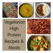A photo collage of vegetarian high protein recipes and meals such as mung bean soup and chickpeas curry.
