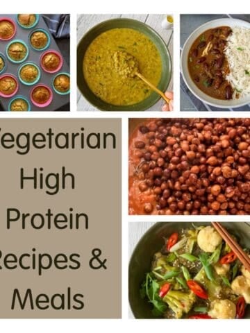 A photo collage of vegetarian high protein recipes and meals such as mung bean soup and chickpeas curry.