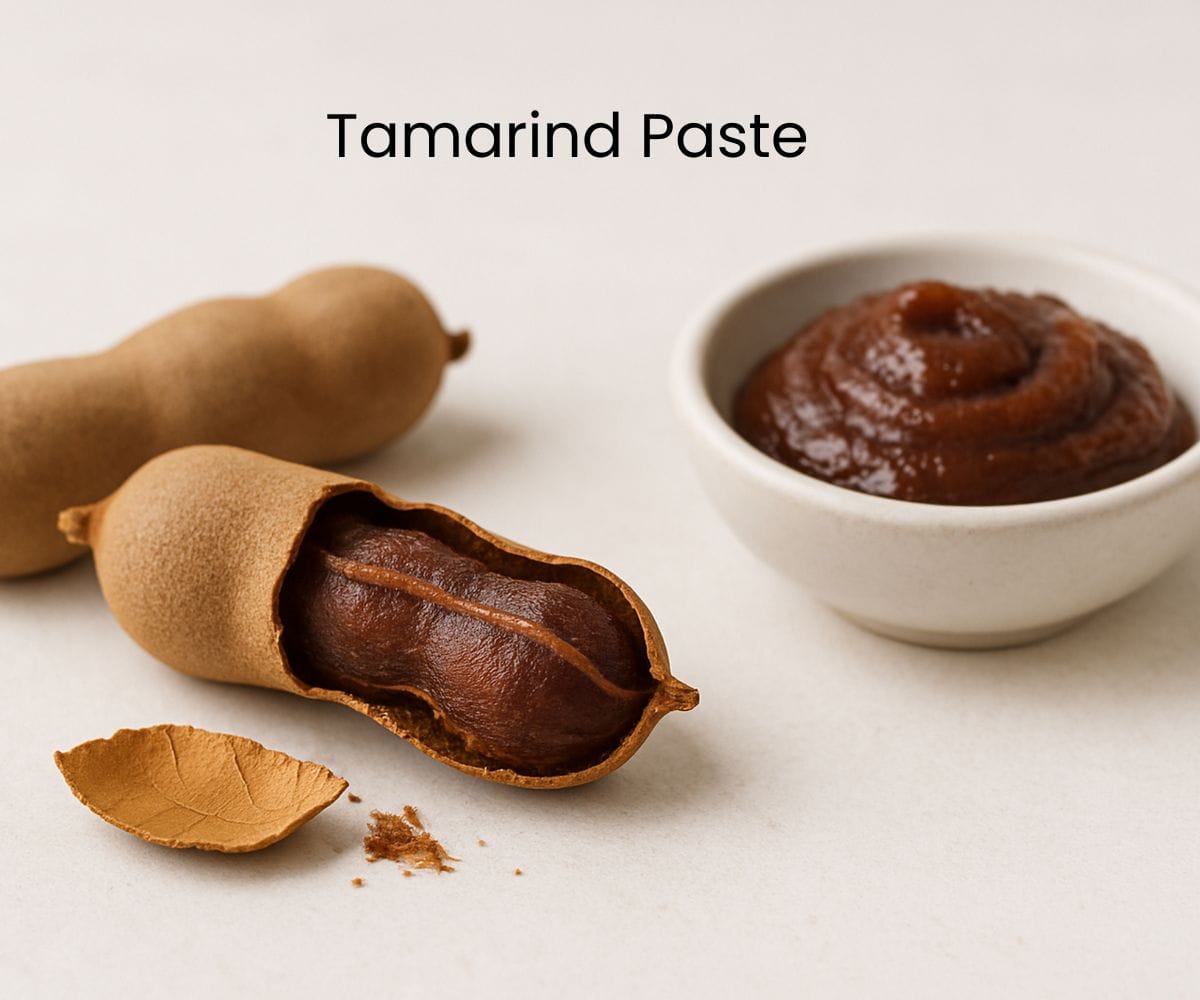 Fresh homemade tamarind paste made from pulp is placed in a bowl with a pod of tamarind next to it.