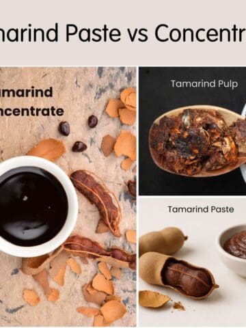 Tamarind paste vs concentrate vs pulp: A poster showing photos of all three types of tamarind.