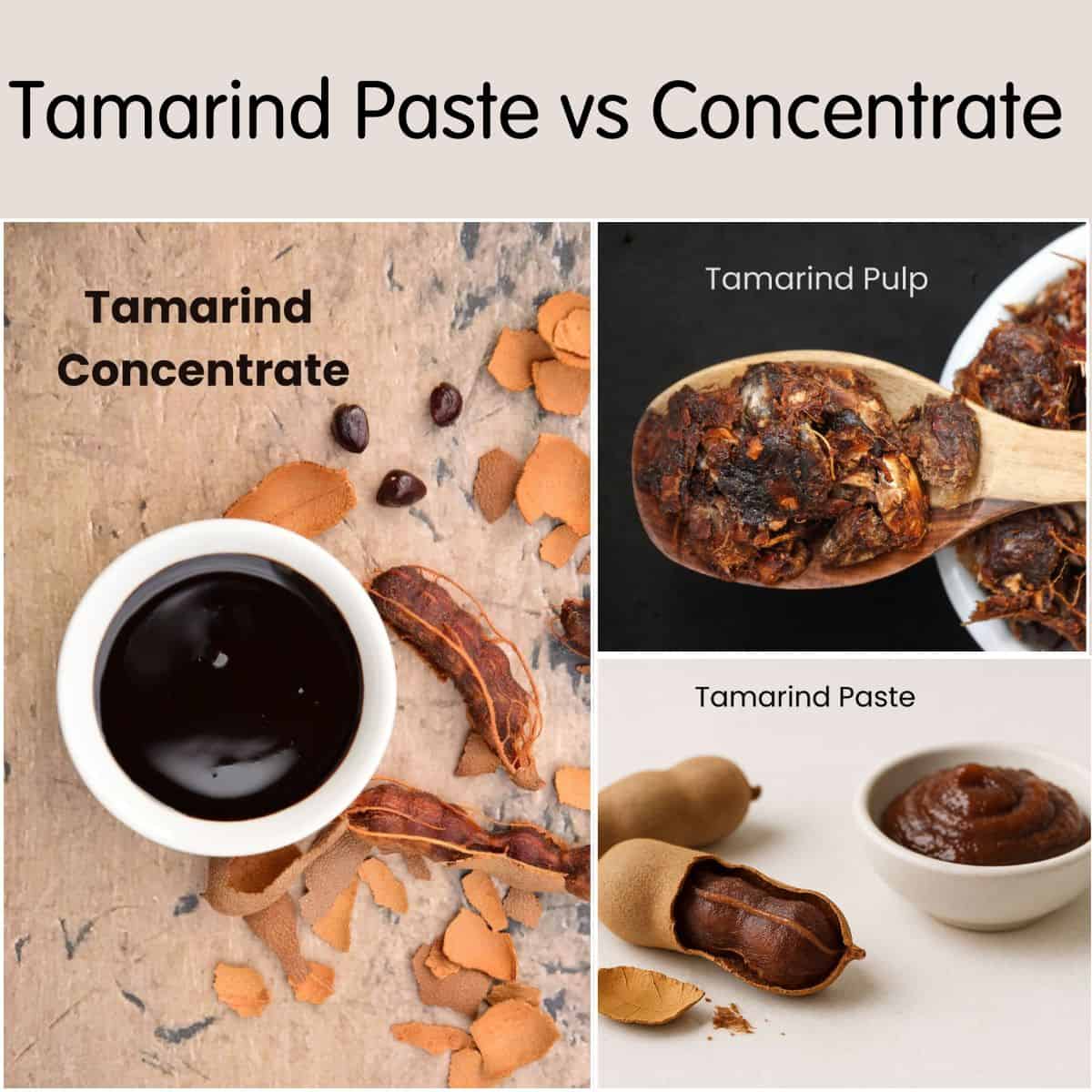 Tamarind paste vs concentrate vs pulp: A poster showing photos of all three types of tamarind.