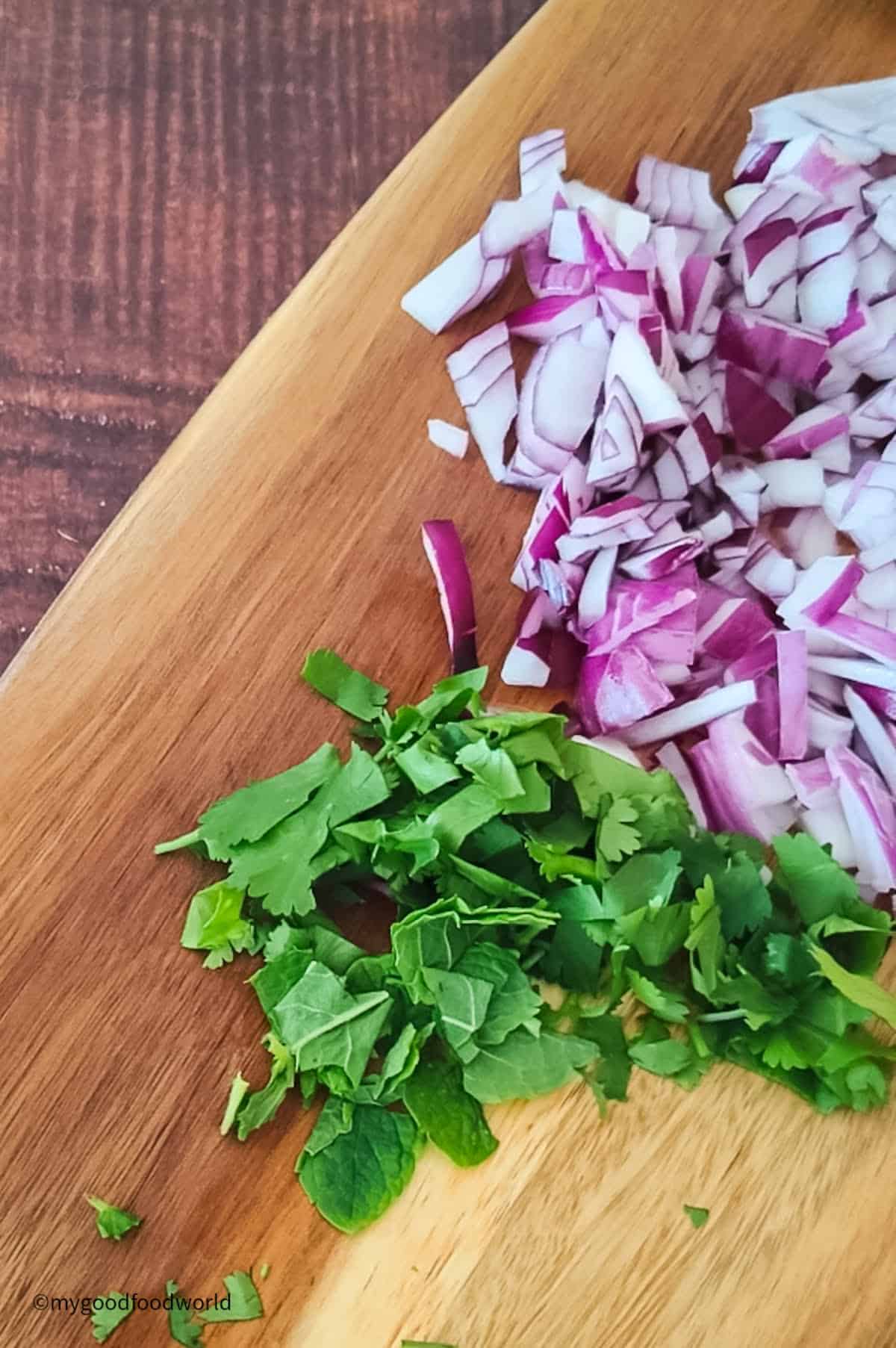 Finely chopped red onion, mint, and cilantro for a restaurant-style salad.