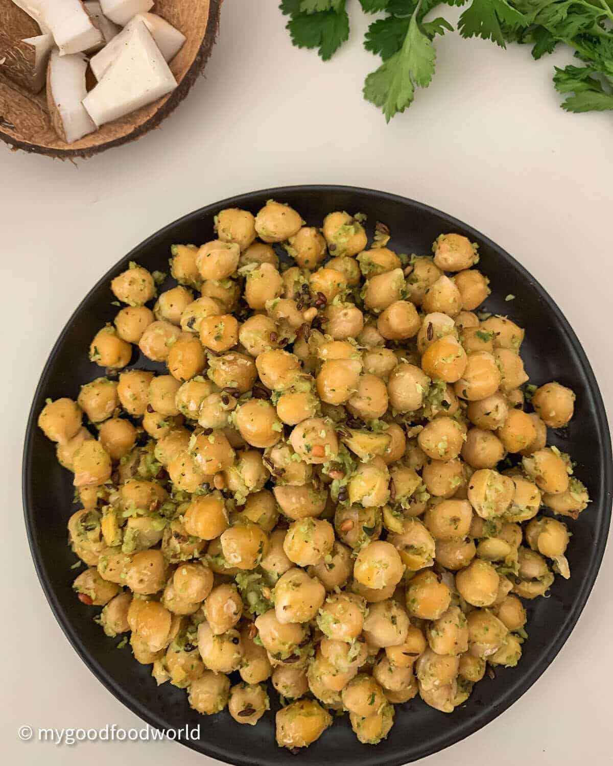 Chickpea sundal served as a light vegan salad, a traditional South Indian snack, for Navratri.